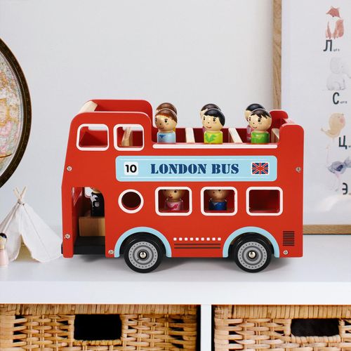 Wooden SOKA bus with British landmarks theme supporting sequencing and role play